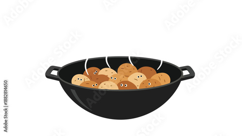 Cheerful animated potatoes bubbling in a cast iron pot, showcasing playful cooking elements