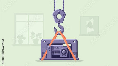 Crane lifting industrial equipment indoors with plants