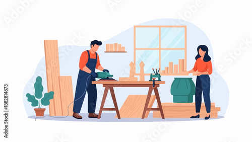 Craftsmen at workbench sanding wood near window and plant