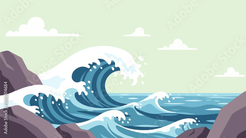 Crashing ocean waves surround rocky shores under a pale green sky