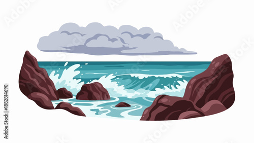 Crashing ocean waves against rocky shore under cloudy sky