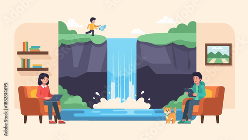 Cozy interior scene with waterfall backdrop