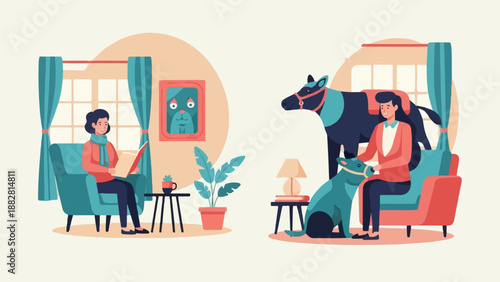 Cozy interiors a person reads while another sits with pets, a horse nearby