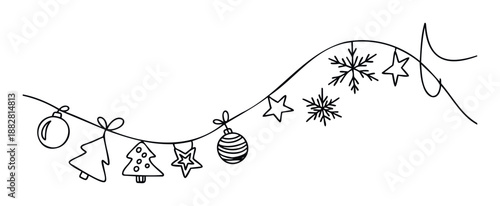 Hand drawn continuous line Christmas garland with various holiday ornaments including baubles, stars, and snowflakes perfect for festive season greetings and winter event decorations