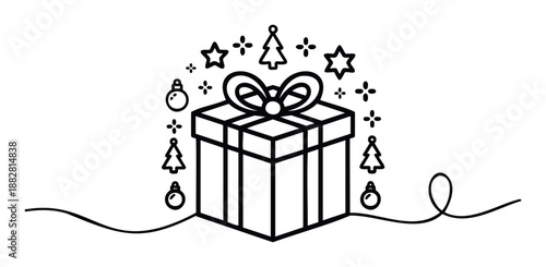 Festive holiday gift box line drawing with Christmas ornaments and decorative elements perfect for seasonal greetings, celebration designs, and special occasion promotions.