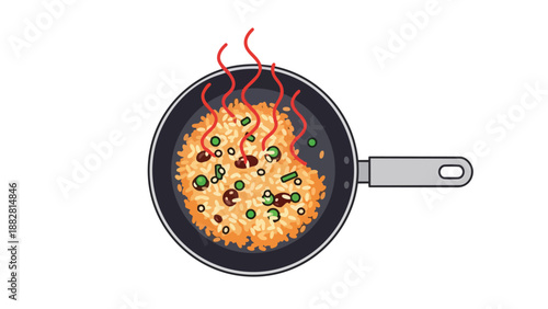 A vibrant illustration of sizzling fried rice in a dark pan, with green peas and dark specks, emitting red wavy heat lines on a crisp white