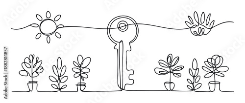 Continuous line drawing featuring a sun, key, and various potted plants symbolizing growth and opportunity, perfect for environmental initiatives or business strategy presentations
