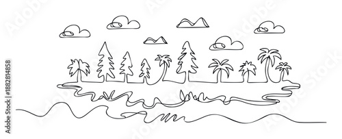 Minimalist continuous line drawing depicting a serene natural landscape featuring diverse trees on an island with gentle ocean waves, majestic mountains, and fluffy clouds, perfect for