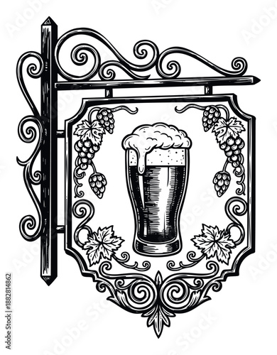 Ornate black and white hanging pub sign featuring a glass of frothy beer and hops for beverage industry branding and traditional tavern establishment decor.