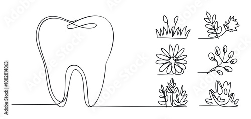 Minimalist continuous line drawing depicting a healthy tooth and a collection of simple natural elements perfect for dental health promotion or ecofriendly branding projects.