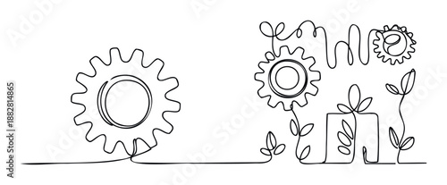Minimalist one line drawing depicting a mechanical gear transforming into the word GROW with botanical leaves, representing organic innovation and interconnected systems for business and