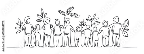 Continuous line drawing of people standing together, holding hands and nurturing plants, symbolizing community unity, environmental care, and collective growth for social and ecological