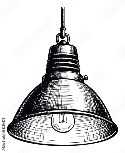 Hand drawn sketch of an industrial style pendant lamp with an exposed light bulb hanging from a chain, perfect for architectural concepts or interior decoration projects.