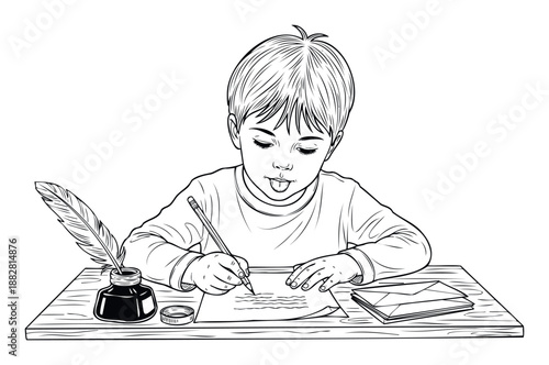 A diligent young boy intently writes a letter with a pencil at a wooden desk, surrounded by traditional writing tools, perfect for educational content, childhood learning, and communication