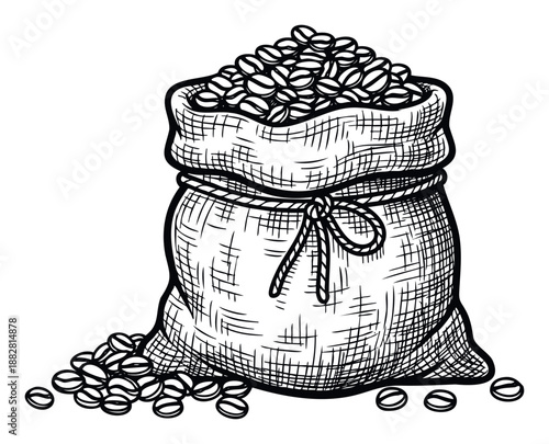 Detailed black and white engraving style illustration of a rustic sack filled with aromatic coffee beans spilling out perfect for beverage packaging and coffee shop designs