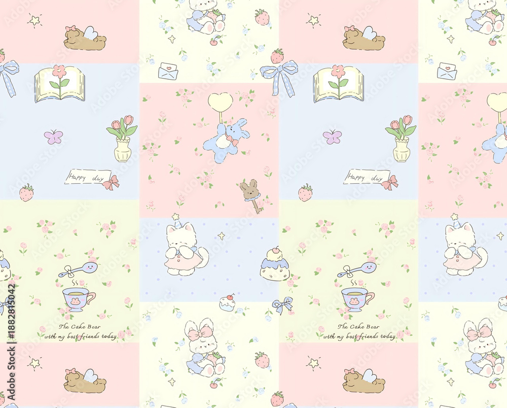 Fototapeta premium Adorable Kawaii Bear Cat Bunny Patchwork Stripe Polka Cake Cherry Pastel Phone Wallpapers