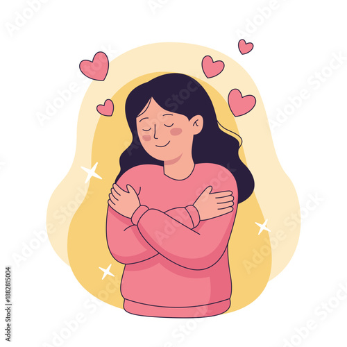 Self-love concept illustration. Happy cute girl hugging herself with hearts. Mental health and self-care