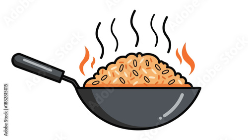 A vibrant illustration of a steaming wok filled with delicious hot fried grains emitting aromatic vapors from the active cooking process ready for