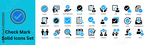 Check Mark Icon Set. Check Mark Solid Icons Set. Featuring check, accept, agree, selected, confirm, approve, correct, complete, checklist, and verified icons. Silhouette icon collection.