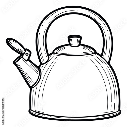 Traditional kitchen stovetop kettle for boiling water with a classic whistle spout and a top handle for beverage preparation recipes and culinary applications