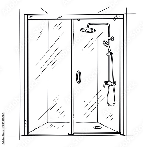 Detailed blueprint style sketch of a contemporary glass shower cabin with fixed and handheld shower heads, ideal for bathroom design and home improvement project planning.