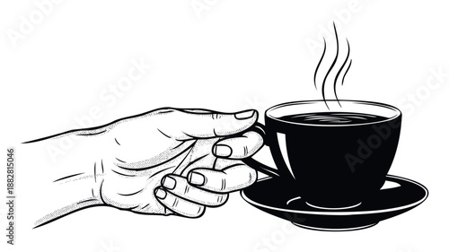 A human hand is holding a steaming cup of hot coffee with a saucer, perfect for illustrating a morning drink, daily routine, or a cafe beverage advertisement.