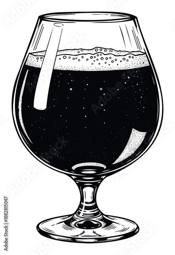 Classic line drawing of a dark beer or liquor in a stemmed snifter glass with foam and bubbles, ideal for brewery branding, pub menus, beverage industry promotions, or vintage drink