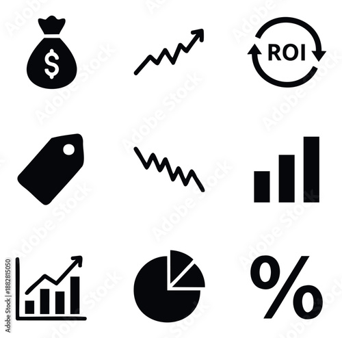 Business and finance vector icons for illustrating market trends, financial growth, investment returns, and economic data analysis in presentations, reports, and digital applications.