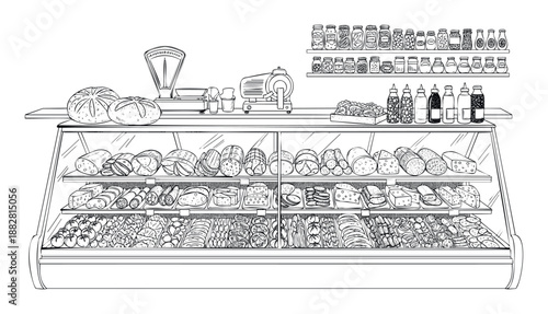 A bustling grocery store deli counter and display case showcases a diverse assortment of fresh baked bread, various cheeses, cured meats, and pickled goods, perfect for food industry