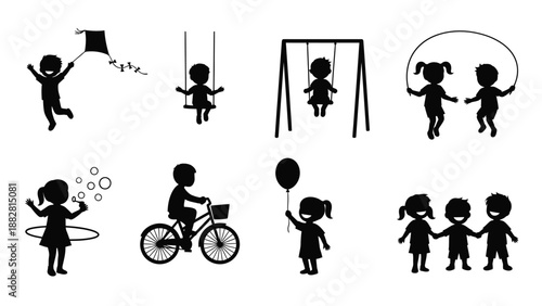 Black Silhouettes of Children Playing and Enjoying Outdoor Activities