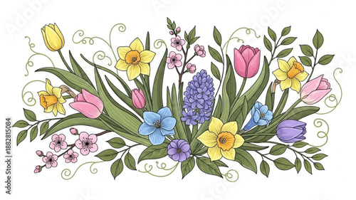 Spring floral arrangement with tulips daffodils hyacinths and greenery.