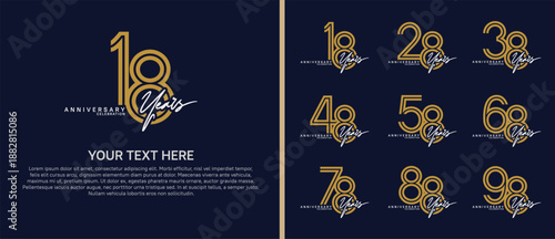 anniversary logo set with handwriting. brown and white color on blue background for celebration moment