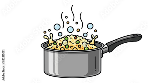 Cartoon depicting a lively metallic pot intensely boiling, filled with colorful rice and peas, emitting vibrant steam and playful bubbles,