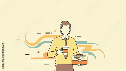 Business Employee Holding Coffee And Lunchbox Illustrates Workday Break or Mealtime Concept