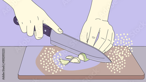 Chef's Hands Slicing Garlic on a Wooden Cutting Board, Culinary Illustration
