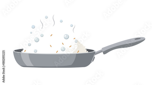 Vector graphic depicting white rice cooking in a pan, showing steam and boiling bubbles