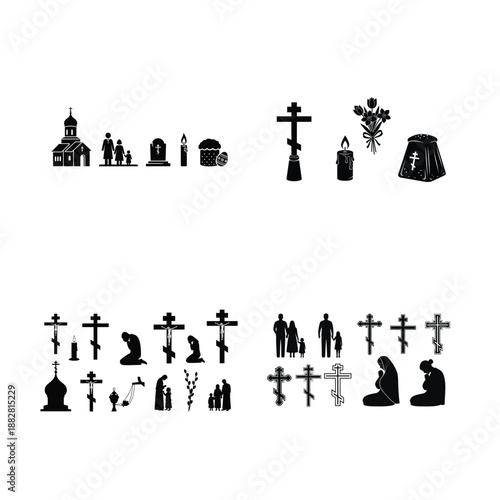 Black and white silhouettes of religious symbols and people in mourning