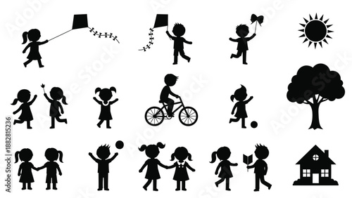 Black silhouettes of children playing outdoors with kites and a bicycle kids