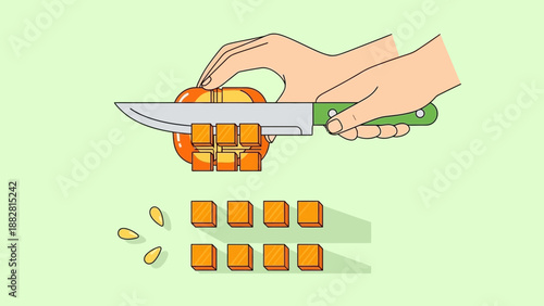 Chef's Hands Slicing Orange Fruit With Knife Creating Cubes And Culinary Concepts