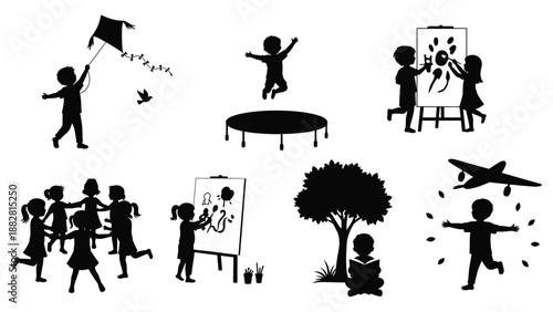 Silhouette Children Engaging in Various Activities and Playtime Scenes kite