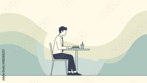 Businessman Eating Lunch At A Cafe: Minimalist Illustration Of Daily Routine