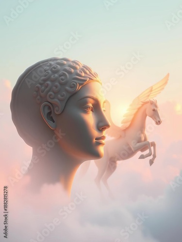 Softly glowing ancient shekel, Tanit's serene face meets Pegasus's ethereal flight, pastel dreamscape,  punic wars,  sky goddess