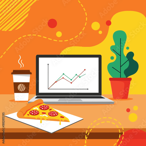 Business Workspace Featuring Laptop, Pizza, Coffee, and Plants in Vibrant Orange Tones