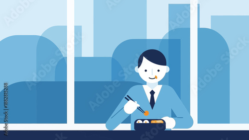 Businessman Enjoying Sushi Meal In Front Of Window, Office Worker Having Lunch