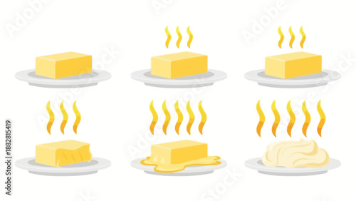 Butter Melting Stages Illustration on White Plates, Showing Cooking Process in Animation