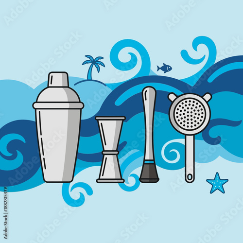 Coastal Cocktail Illustration Featuring Bar Tools and Oceanic Wave Design for Refreshing Beverages