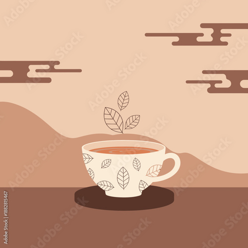 Calm Morning Tea Cup: A Minimalist Composition With Delicate Leaf Embellishments