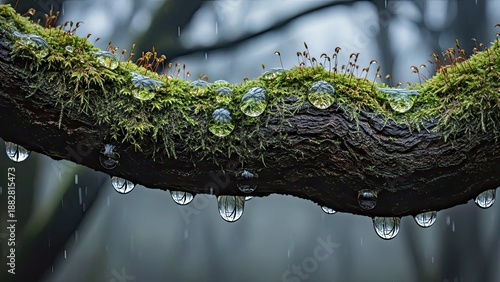 Close up Raindrops Glistening Mossy Branch Ferns Rainy Forest Nature Scene.jpg