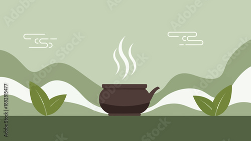 Calm And Serene Image of A Traditional Teapot With Vapor Above Rolling Hills