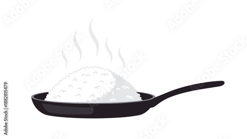 Freshly cooked steaming fluffy white rice generously piled within a dark modern frying pan, exuding culinary warmth and comfort, perfectly ready for